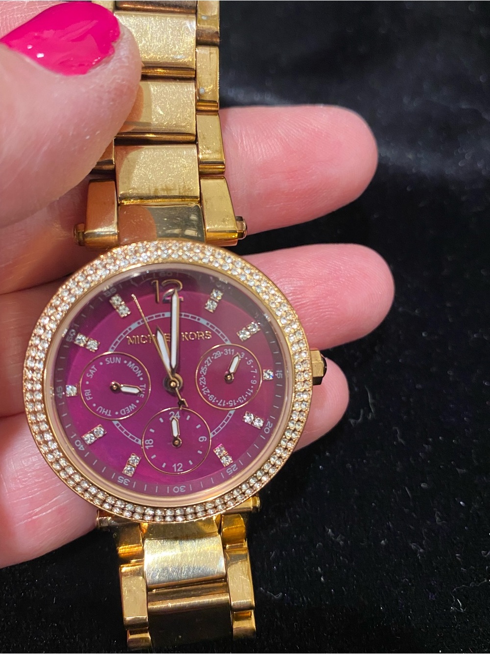 Michael Kors Gold-Tone Watch with Pink Dial & Double Row of Crystals